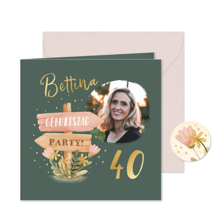 Foto-Einladung zum Geburtstag Wegweiser Blumen