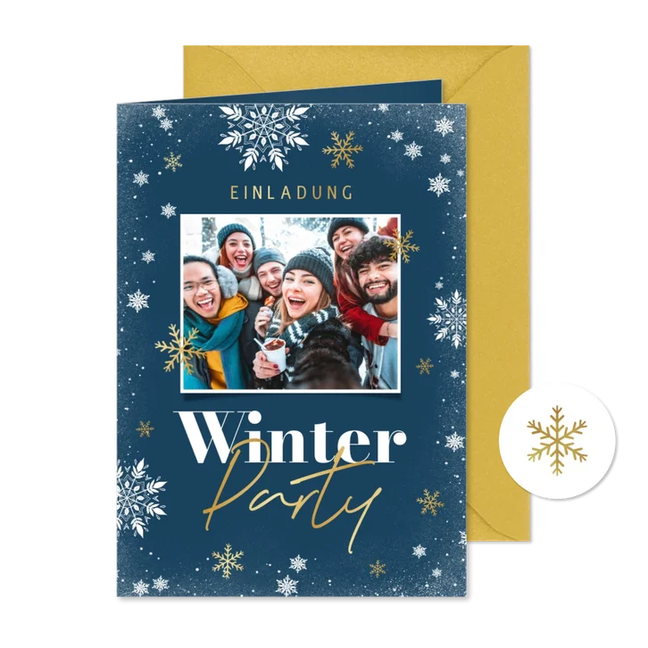 Foto-Einladung zur Winterparty Schneeflocken Blau mit Gold