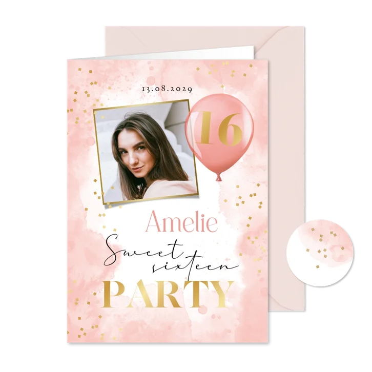 Foto-Einladungskarte 16. Geburtstag Sweet Sixteen rosa