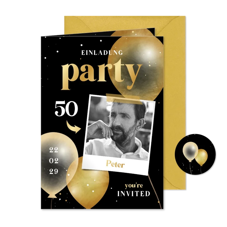 Foto-Einladungskarte 50. Geburtstag Luftballons