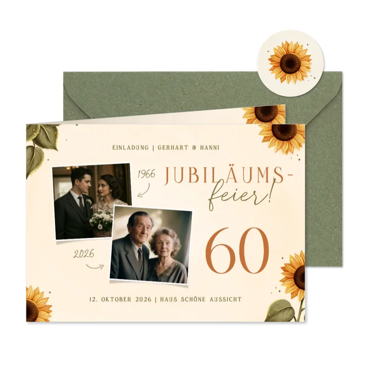 Foto-Einladungskarte 60. Hochzeitsjubiläum Sonnenblumen