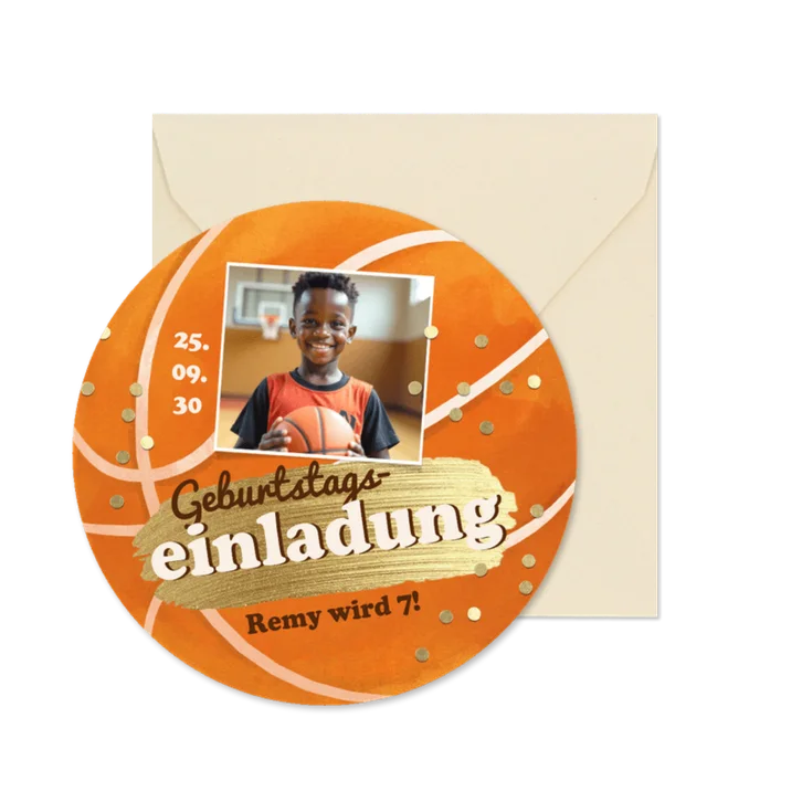 Foto-Einladungskarte Basketball rund Kindergeburtstag Sport