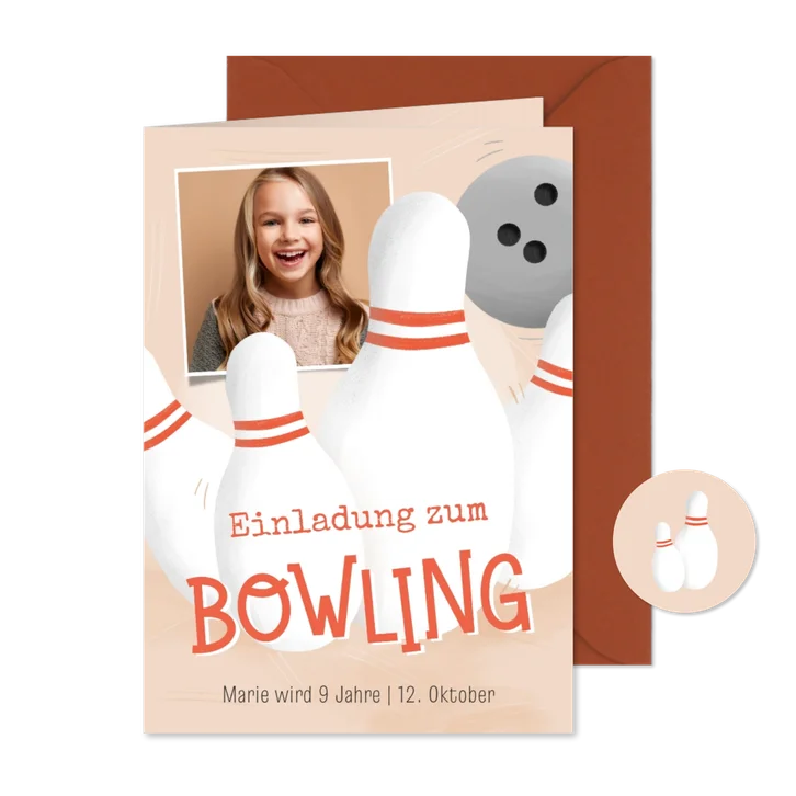 Foto-Einladungskarte Bowling 9. Kindergeburtstag
