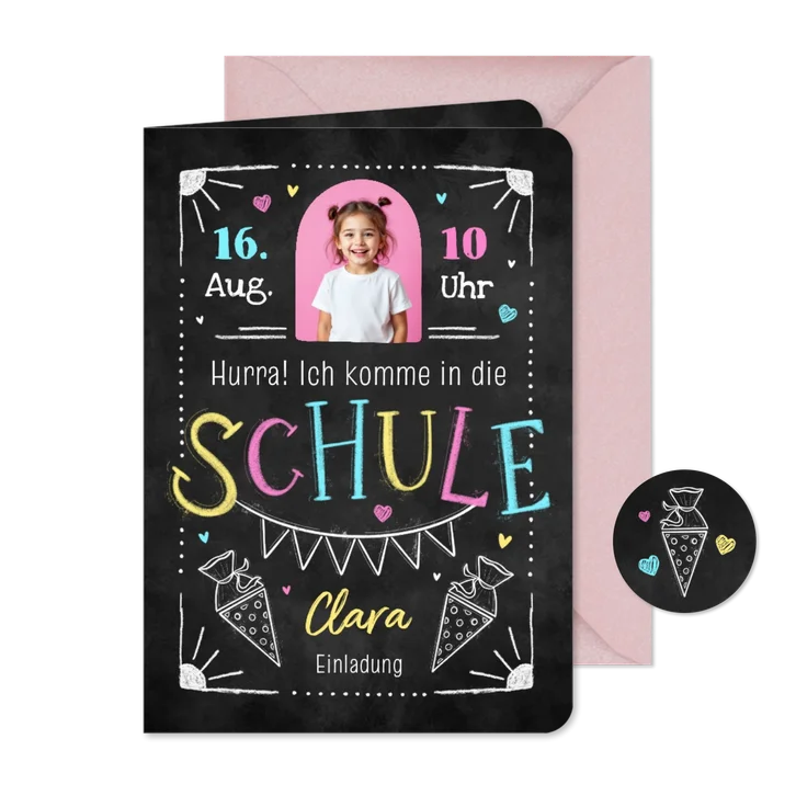 Foto-Einladungskarte Einschulung bunte Kreide-Doodles