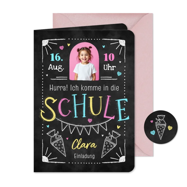 Foto-Einladungskarte Einschulung bunte Kreide-Doodles