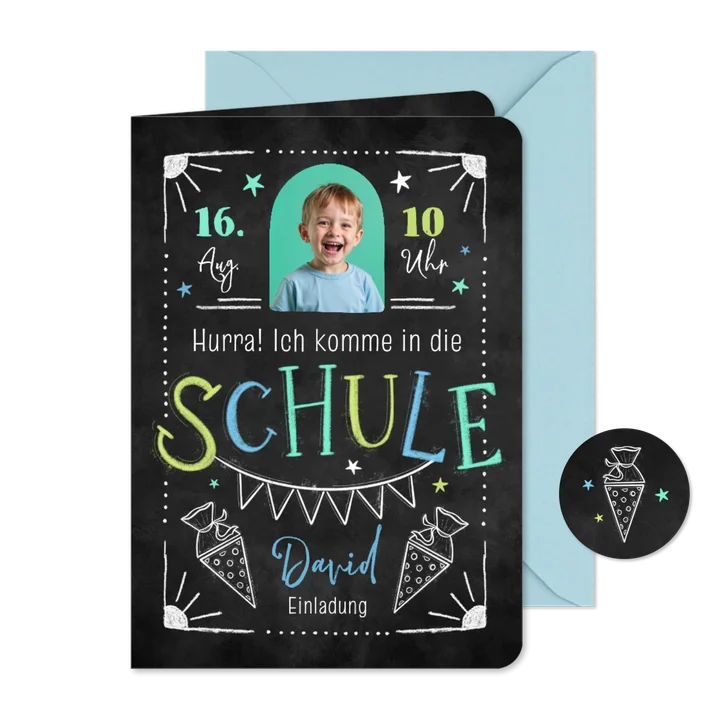 Foto-Einladungskarte Einschulung Kreide Doodles
