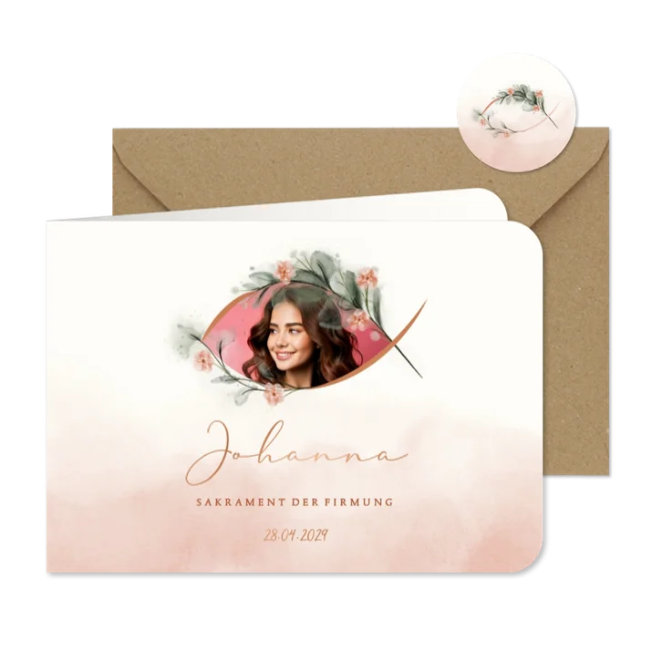 Foto-Einladungskarte Firmung Fisch rosa Aquarell