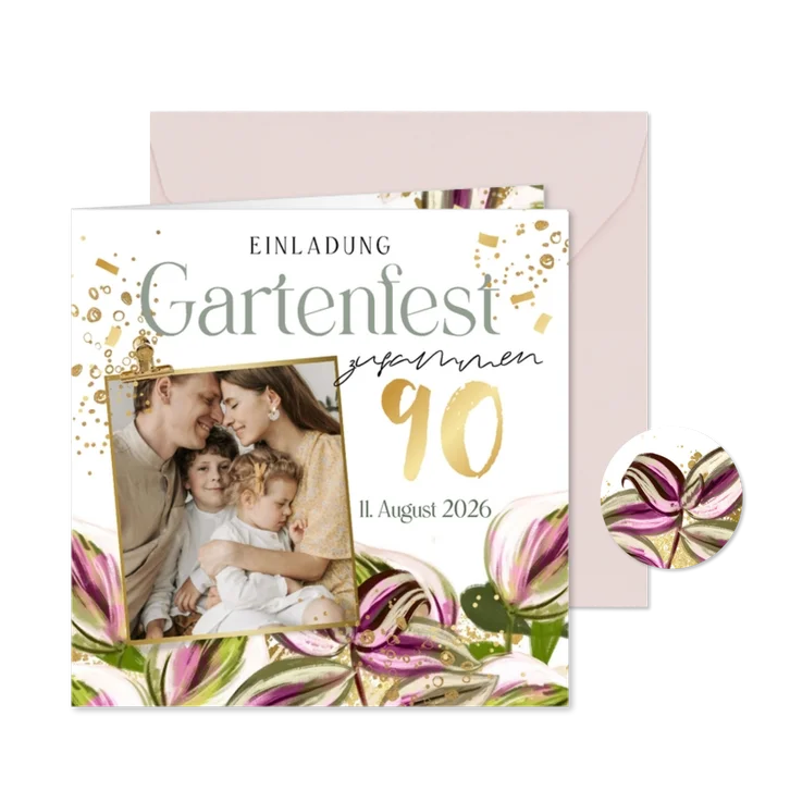 Foto-Einladungskarte Gartenfest Blumen Goldsprenkel