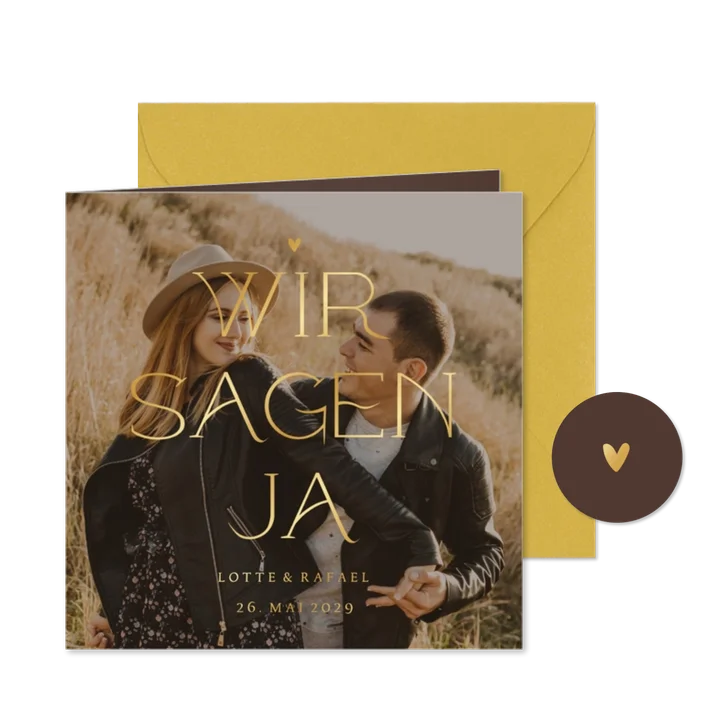 Foto-Einladungskarte Hochzeit Goldschrift