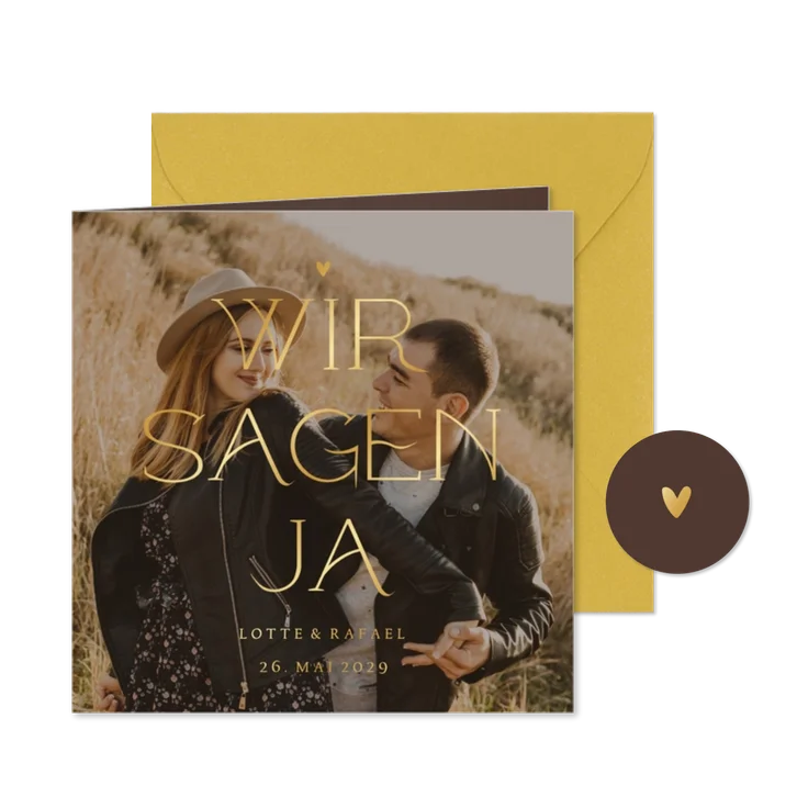Foto-Einladungskarte Hochzeit Goldschrift