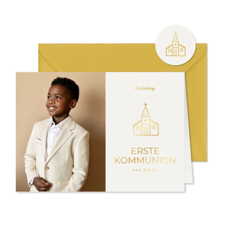 Foto-Einladungskarte Kommunion goldene Kirche
