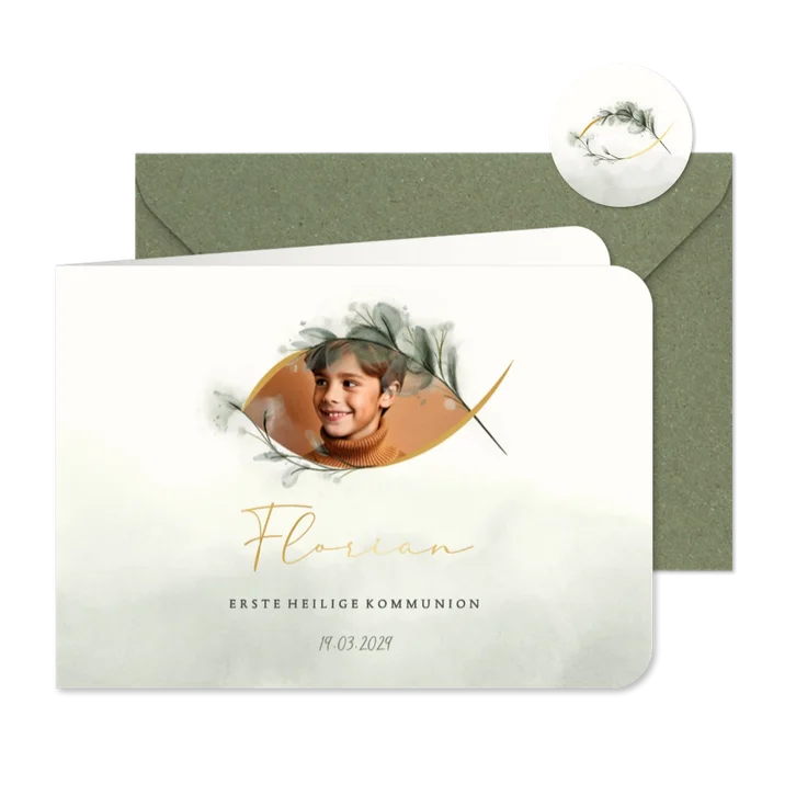 Foto-Einladungskarte Kommunion Ichthys Aquarell