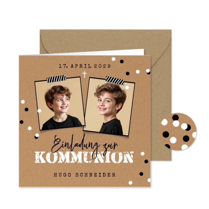 Foto-Einladungskarte Kommunion Kraftpapier Konfetti