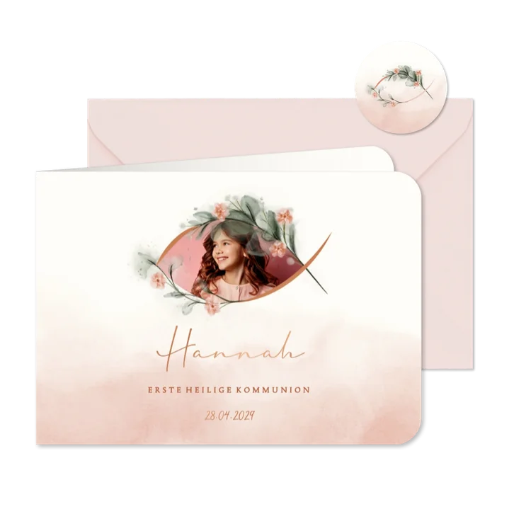 Foto-Einladungskarte Kommunion rosa Aquarell