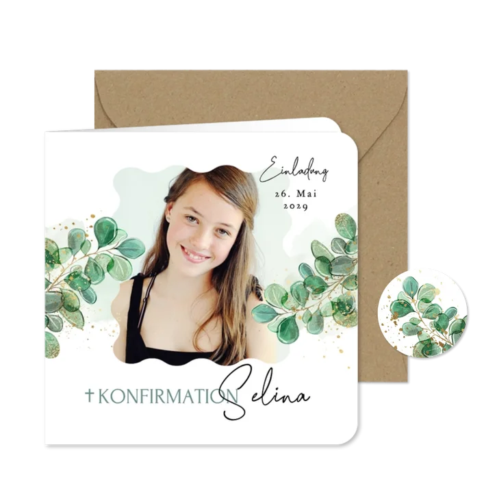 Foto-Einladungskarte Konfirmation Eukalyptus Aquarell
