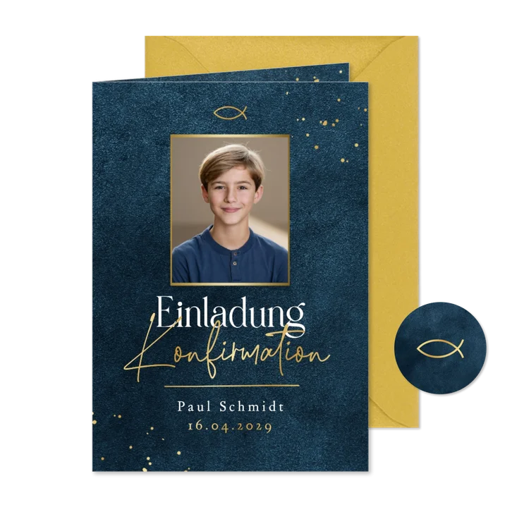 Foto-Einladungskarte Konfirmation Goldschrift dunkelblau