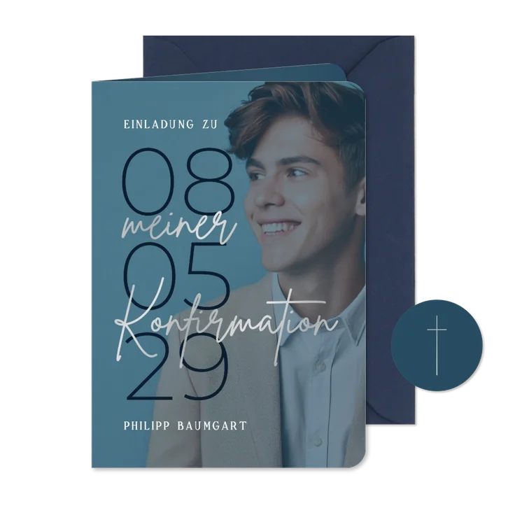 Foto-Einladungskarte Konfirmation silber dunkelblau
