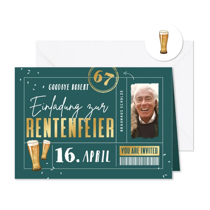 Foto-Einladungskarte Ticketlook Rentenfeier Barcode