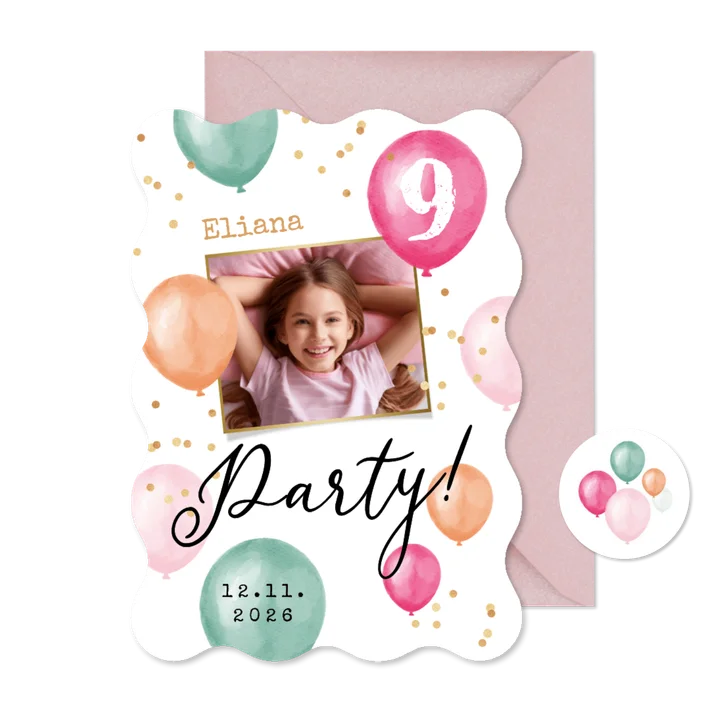 Foto-Einladungskarte Wellenrand Kindergeburtstag Luftballons