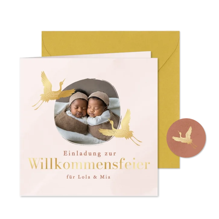 Foto-Einladungskarte Willkommensfest Zwillinge Kraniche 