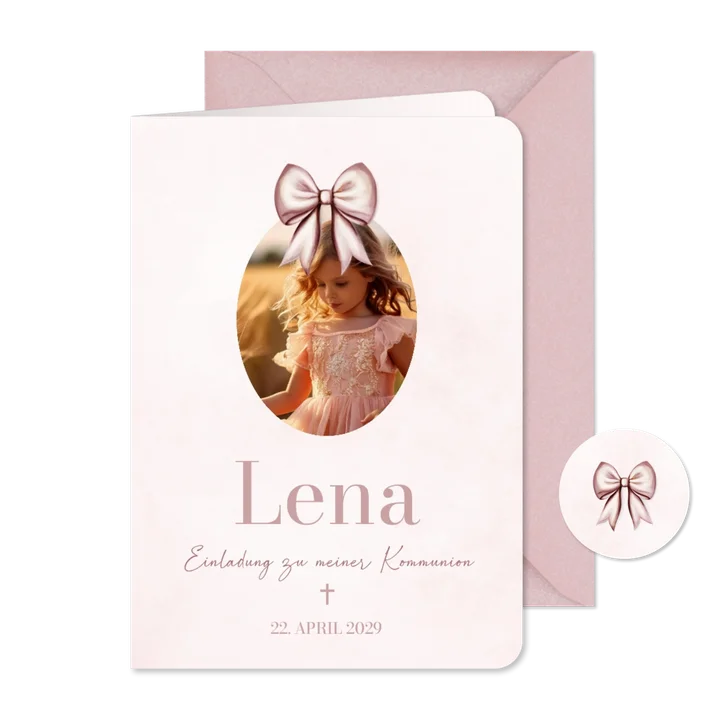 Foto-Einladungskarte zur Kommunion rosa Schleife