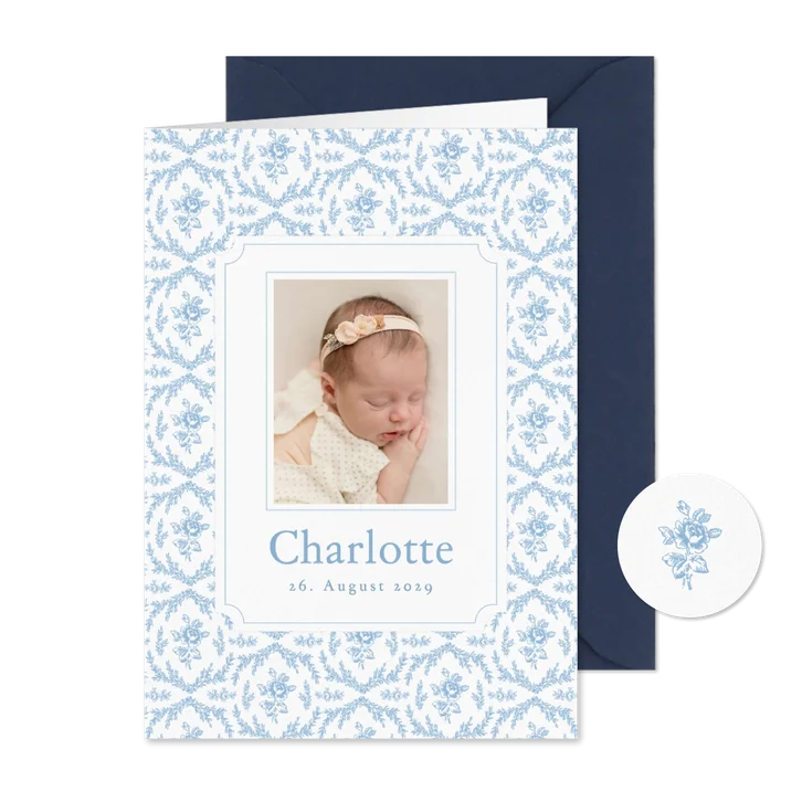 Foto-Geburtskarte blaue Rosen klassisch