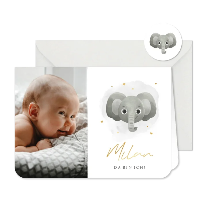 Foto-Geburtskarte mit Elefant & Name in Gold