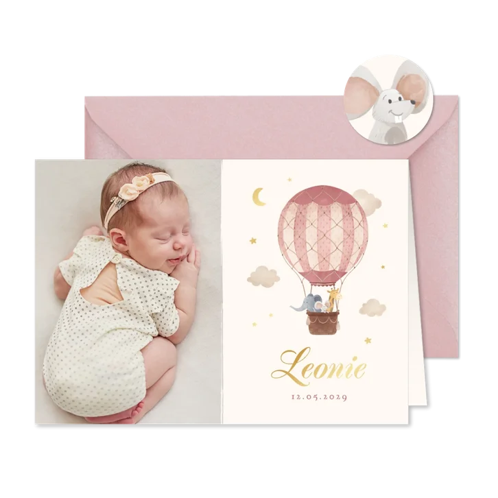 Foto-Geburtskarte mit Heißluftballon und Tieren