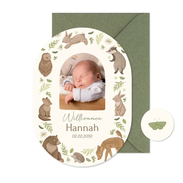 Foto-Geburtskarte Oval Waldtiere und Pflanzen