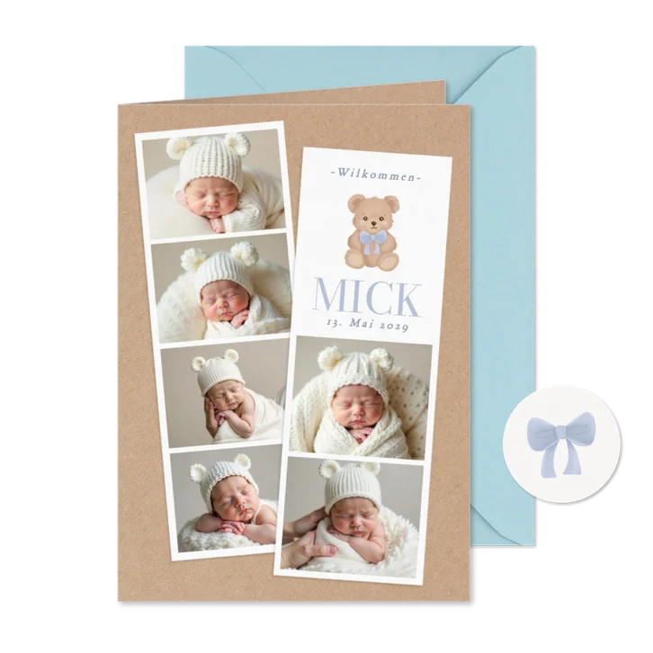 Foto-Geburtskarte Teddybär blau mit Schleife