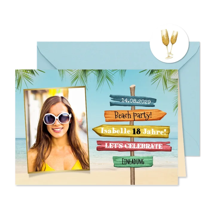 Foto-Geburtstagseinladung Beachparty Strand und Palmen