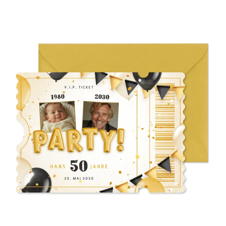 Foto-Geburtstagseinladung Ticket Party Luftballons Wimpel