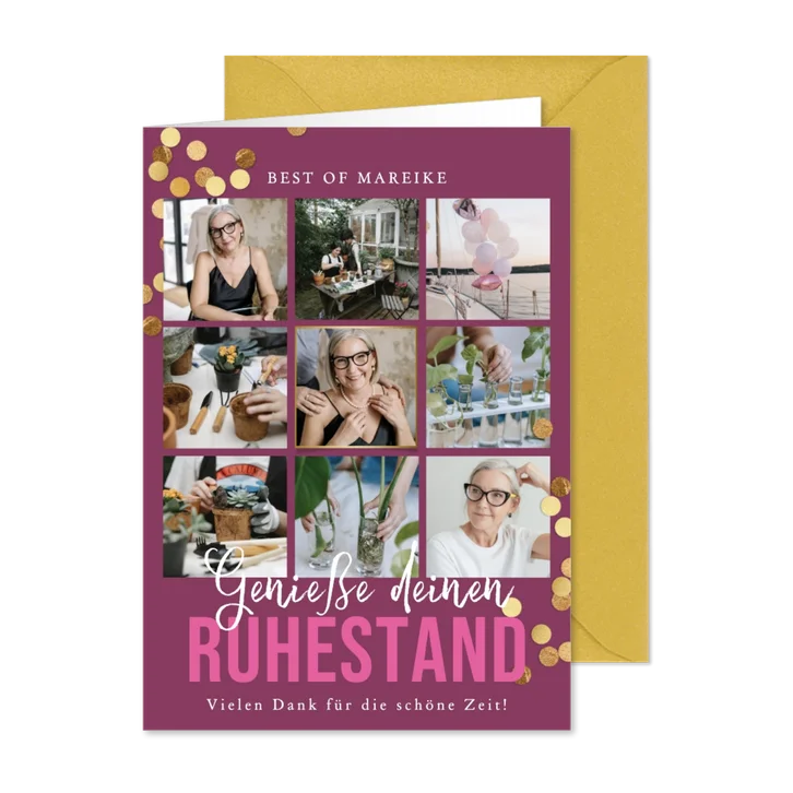 Foto-Glückwunsch zum Ruhestand rosa mit gold Konfetti