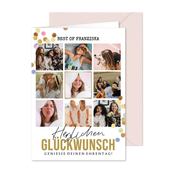 Foto-Glückwunschkarte mit 9 Fotos und Konfetti