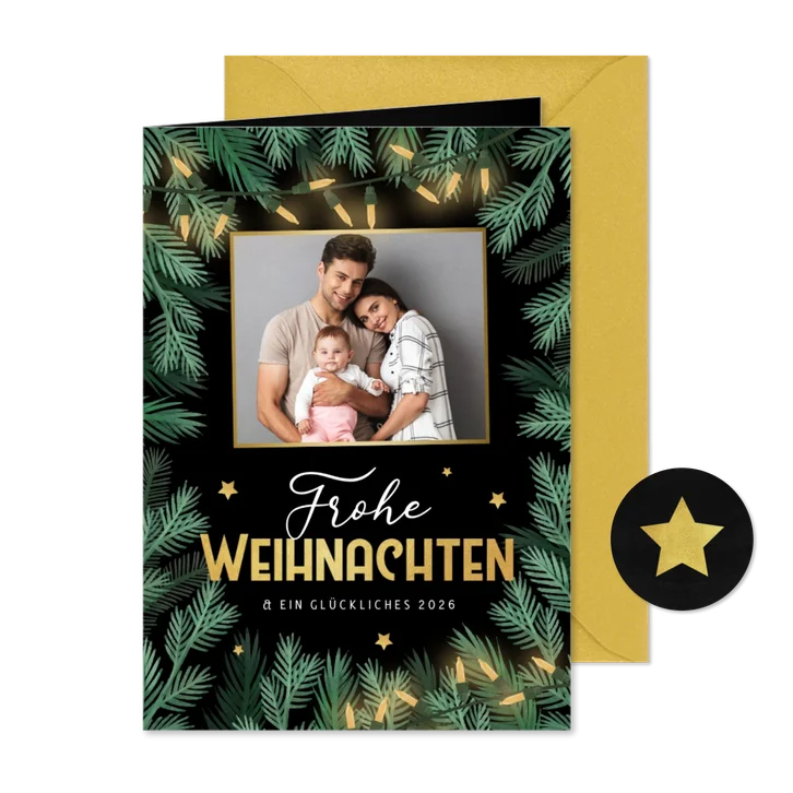 Foto-Grußkarte zu Weihnachten mit Tannenzweigen