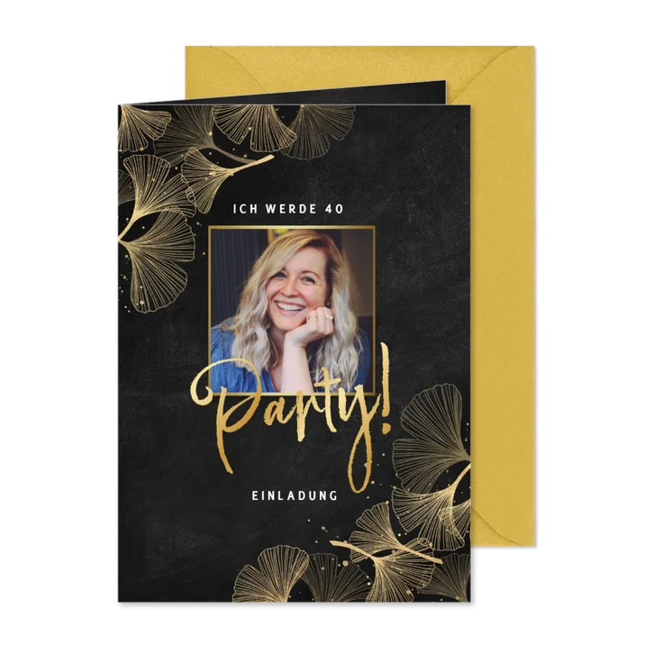 Foto-Karte Geburtstagseinladung Ginkgo Gold