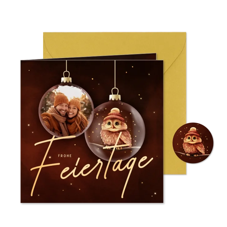 Foto-Karte mit Weihnachtskugeln Eule mit Mütze