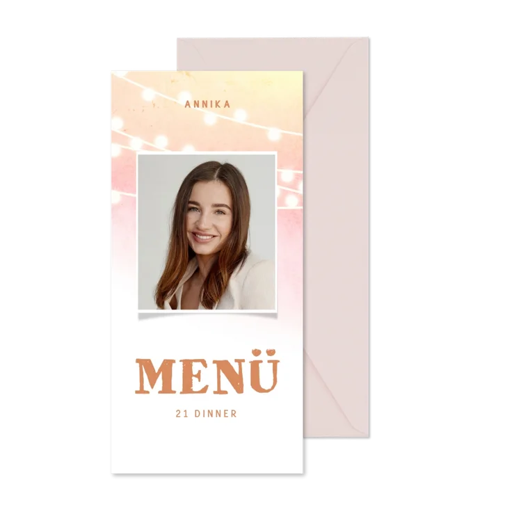 Foto-Menükarte 21. Geburtstagsfeier Aquarell Lichterkette
