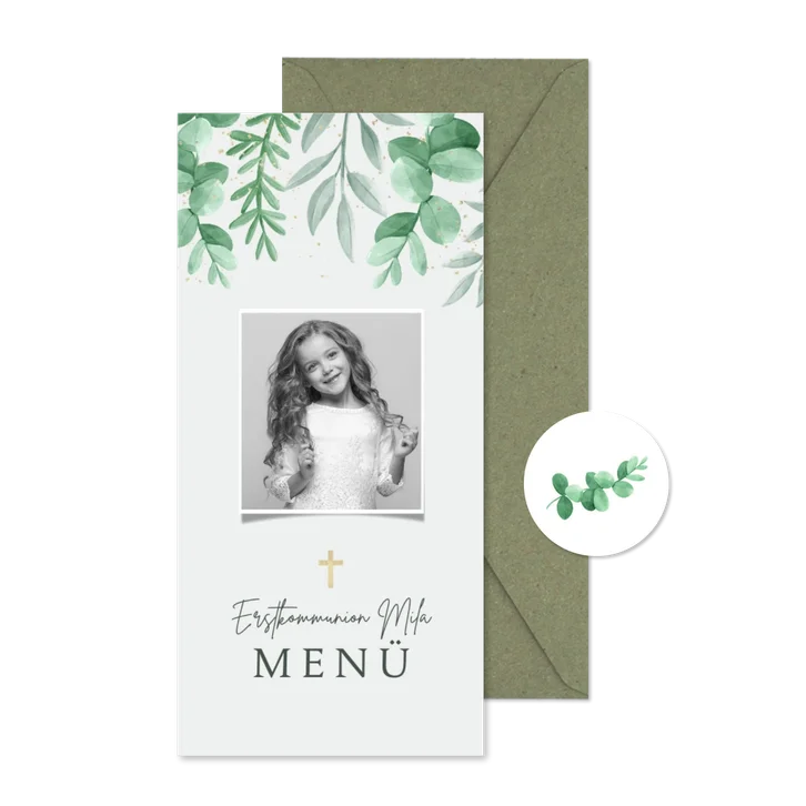 Foto-Menükarte Erstkommunion grüne Zweige