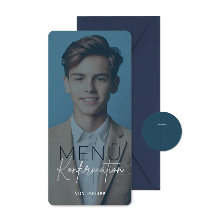 Foto-Menükarte Konfirmation dunkelblau silber