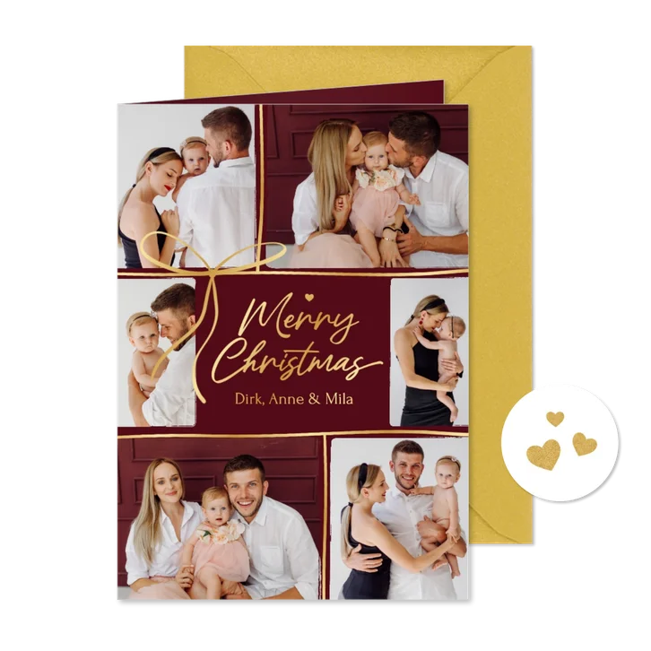 Foto-Weihnachtskarte 6 Fotos dunkelrot Goldschleife