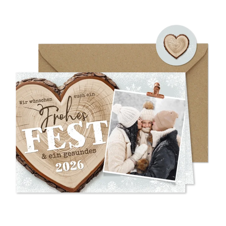 Foto-Weihnachtskarte Baumstamm Herz im Schnee