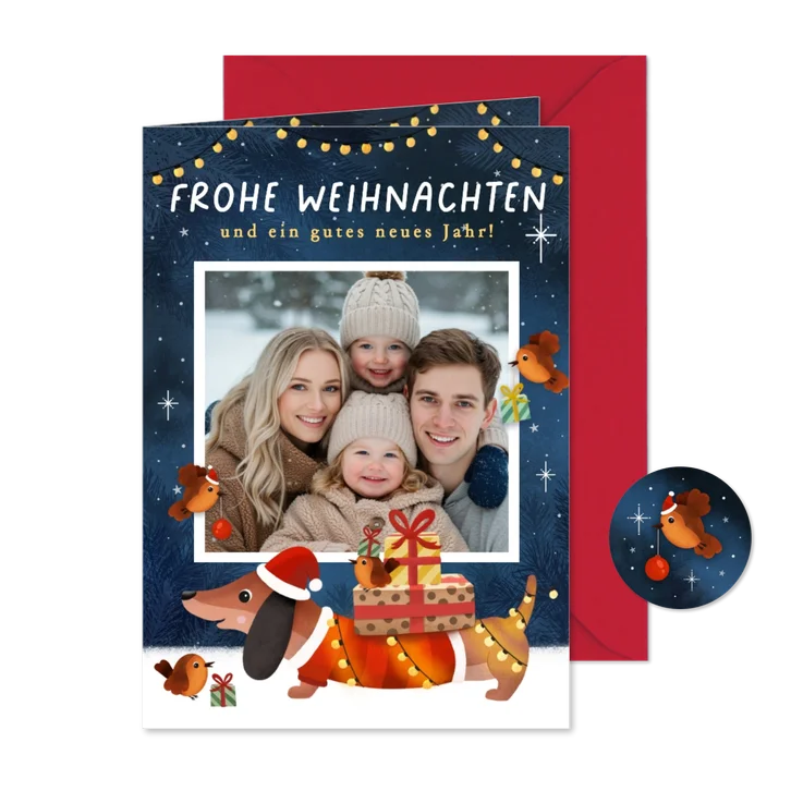 Foto-Weihnachtskarte Dackel Geschenke Lichterkette