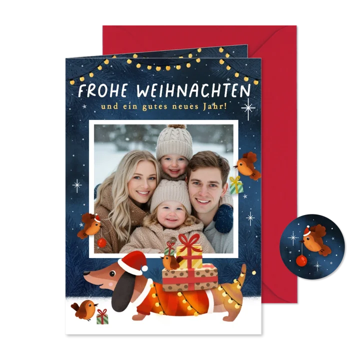 Foto-Weihnachtskarte Dackel Geschenke Lichterkette
