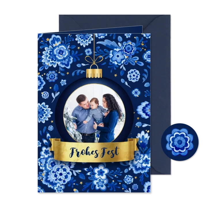 Foto-Weihnachtskarte Delfter Blau Blumen Weihnachtskugel