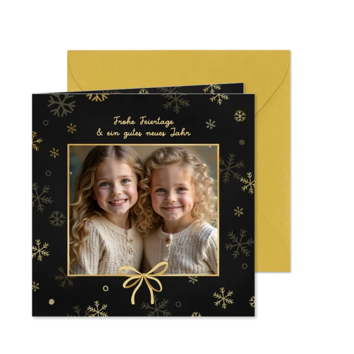 Foto-Weihnachtskarte goldene Schneeflocken Schleife