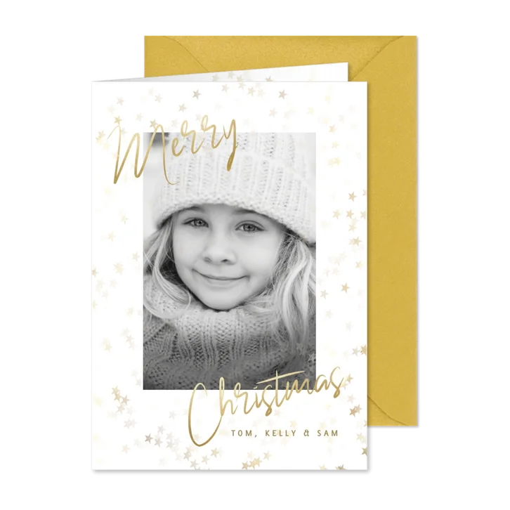 Foto-Weihnachtskarte goldene Sterne Merry Christmas