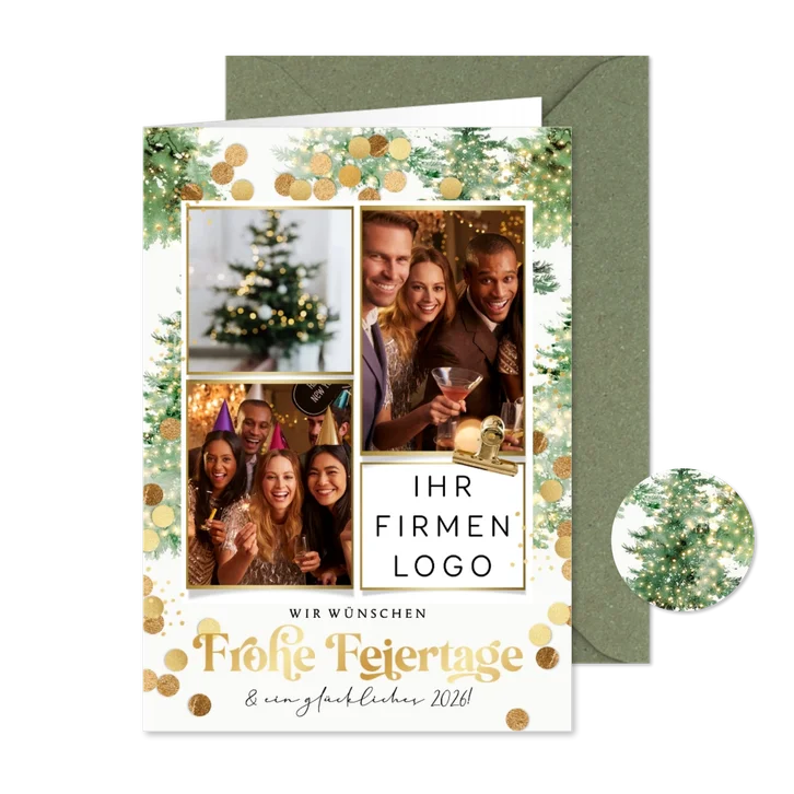 Foto-Weihnachtskarte Goldschrift & Tannengrün