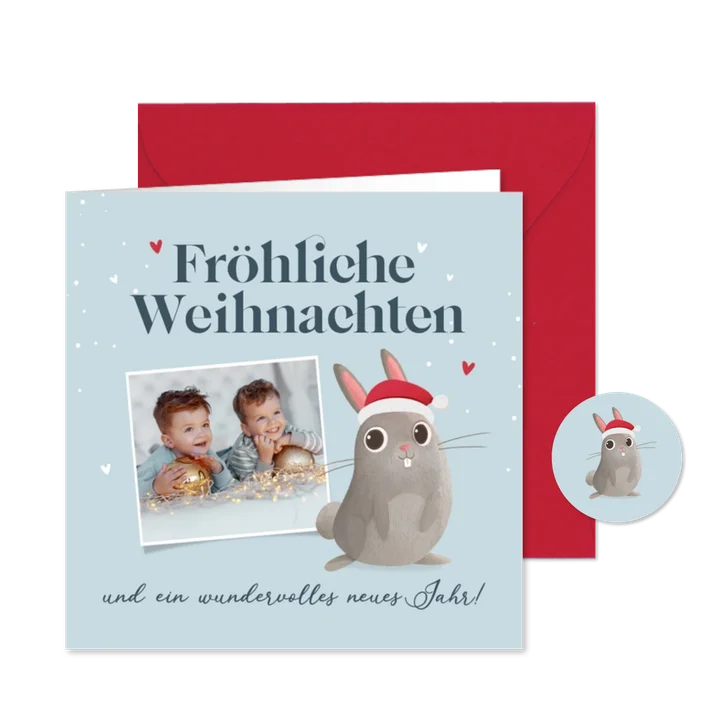 Foto-Weihnachtskarte Kaninchen Weihnachtsmütze Kinder