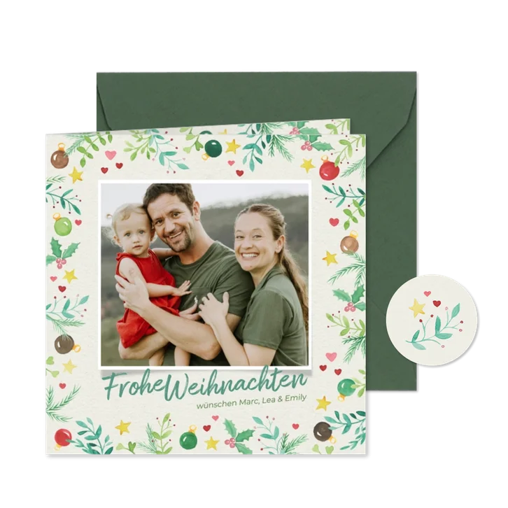 Foto-Weihnachtskarte Weihnachtszweige & Kugeln